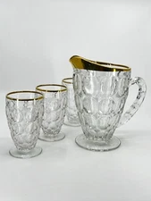 Vintage Jeanette glass pitcher & glasses with thumbprint design and gold rim 4pc