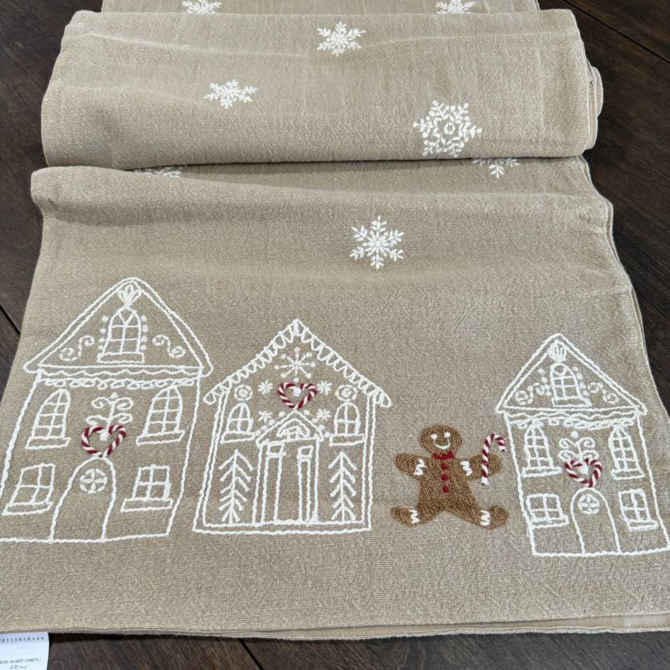 POTTERY BARN GINGERBREAD VILLAGE EMBROIDERED TABLE RUNNER 18 X 108" FLAX/ MULTI - Image 3 of 4