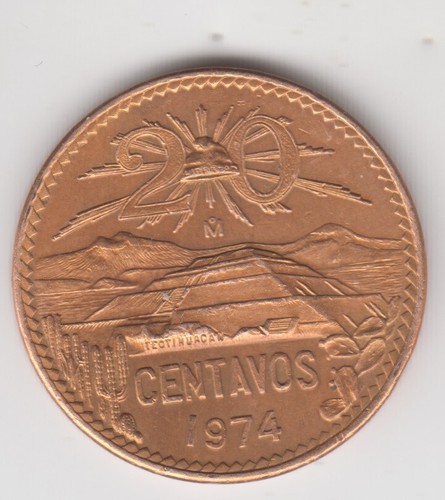Mexico 1974 20 Centavos. Coat of arms. Liberty cap. Teotihuacan Pyramid. KM# 441