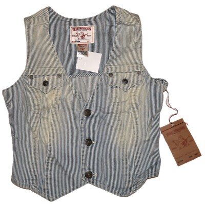 True Religion NEU Jeansweste Roxanne Vest Gr.L Blau-weiß-gestreift Ram Junktion