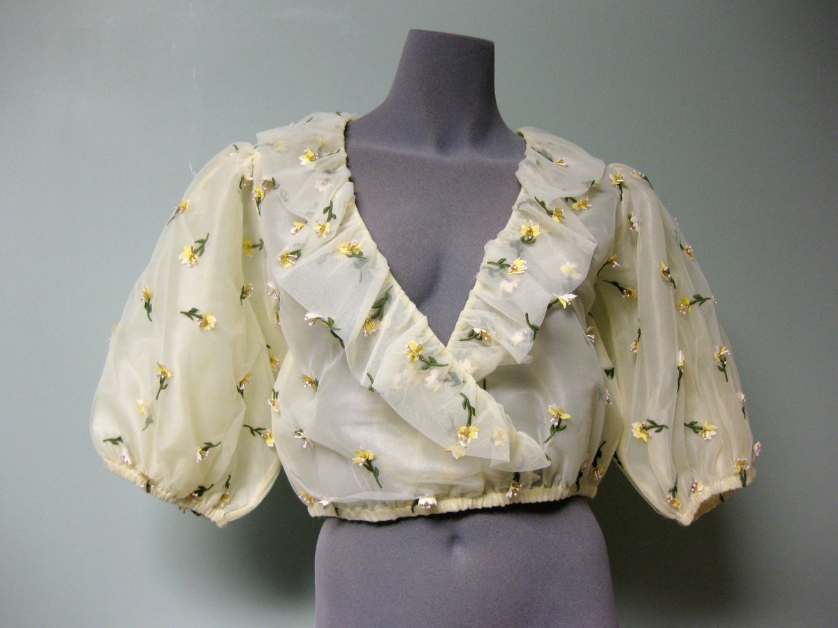 Ganni Bliss 3D Floral Embellished Puff Sleeves Ruffled Wrap