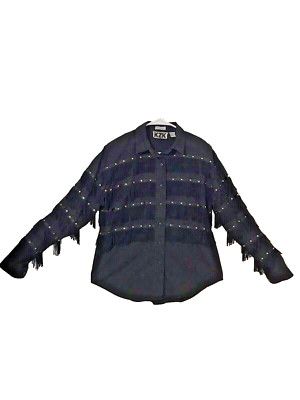RARE 1993 KZK Women's Line Dance Western Shirt with Silver Beaded Tassels Medium