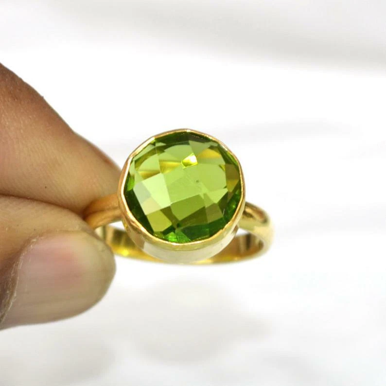 Check Cut Peridot Quartz Sterling Silver Yellow Gold Plated Handmade Gift Ring - Image 4 of 4