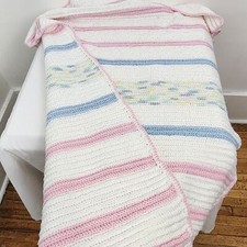 Handmade Crochet Blanket With Pink Blue Yellow Stripes Textured Design