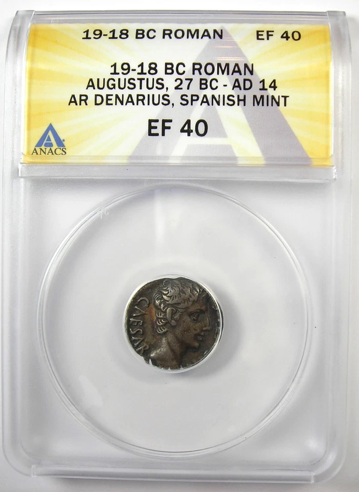 Moeda de prata Augustus AR Denarius Otavian 19 aC - Certificada ANACS XF40 (EF) - Imagem 2 de 4