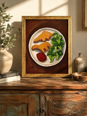 Dinosaur Chicken Nuggets Original Still Life Painting Framed 11x14