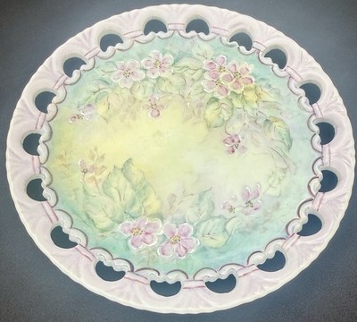 Reticulated Lace Edge Collector Plate Hand Painted Floral Signed Porcelain EUC