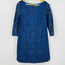 Vince Camuto Blue Floral Lace Shift Dress 3/4 Sleeve Boat Neck Size 6 Cocktail
