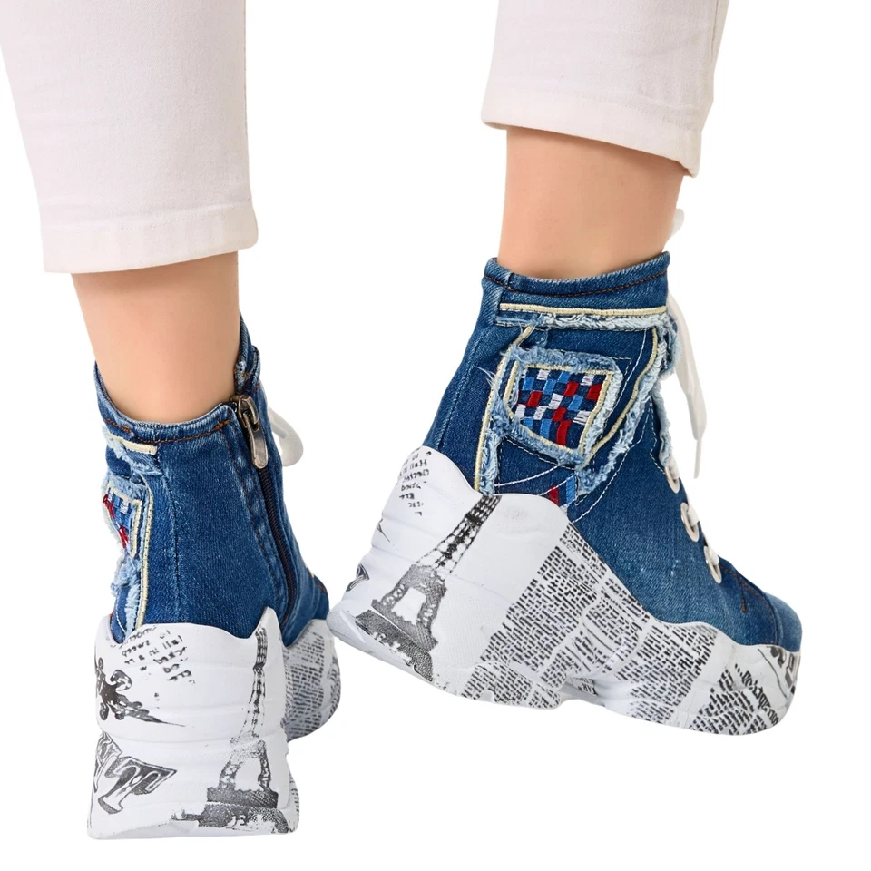 Denim Boots Shoes, Handmade Women's Sports Boots,Women's Sexy Boots,Birthday Gif - Image 4 of 4