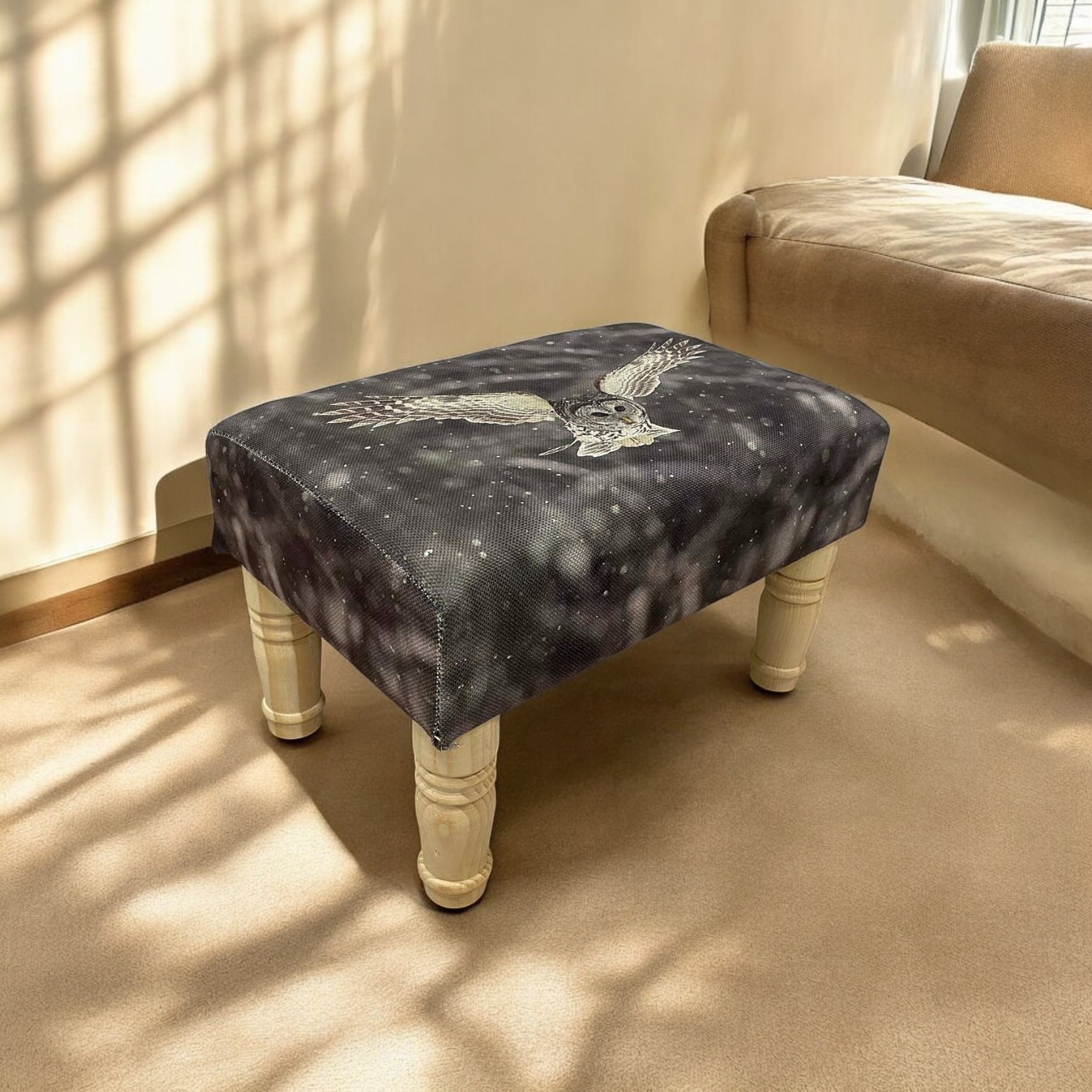 Owl Printed Linen Footstool – Country Cottage Style Padded Stool for Lounge