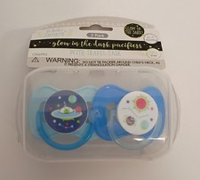 NEW Le Bebe 2 Pack Glow-in-the-Dark Blue Pacifiers UFO, Planets, Stars w/ Case
