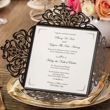 6.3 x 6.3 Inch 50PCS Black Laser Cut Hollow Lace Rose Invitation Cards with E...