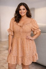Hint of Blush Plus Size 2X Smocked Floral Dress Boho Puff Sleeve Midi Peach