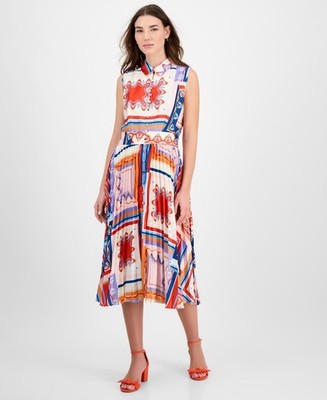 T Tahari Printed Pleated Midi Shirtdress Womens 6 Como Tile Print Button Closure