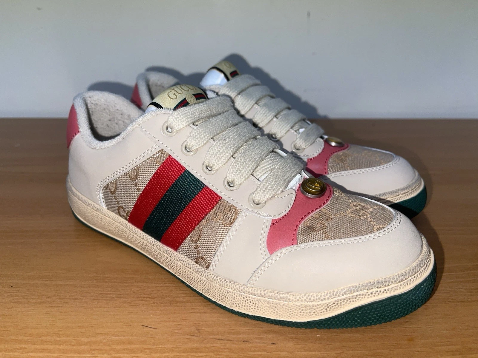 Baskets femme Gucci Screener cuir vieilli et toile pointure 39,5 Italie SUPERBE