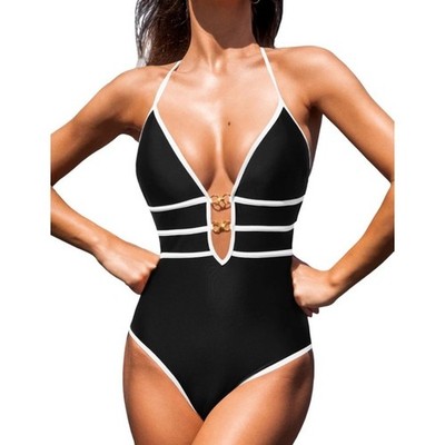 Cupshe Womens Black White Contrast Plunge Halter One Piece Swimsuit Small