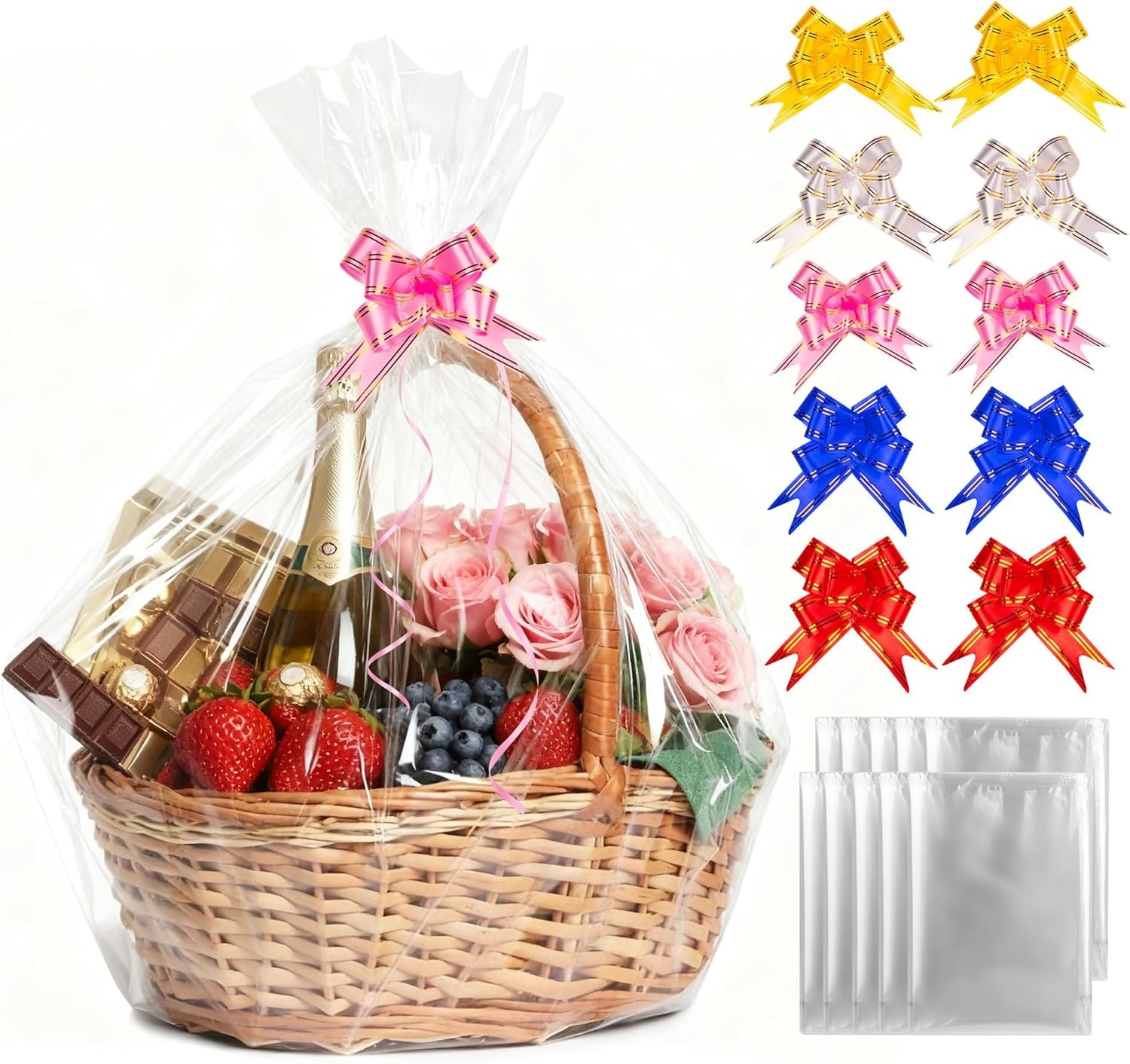 10Pcs Large Cellophane Wrap Bags For Hampers, Clear Hampers Gift Basket Celloph