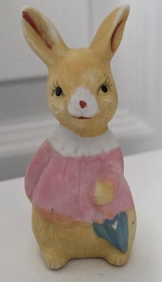 Vintage Bunny Rabbit Figurine 3'' Pink Jacket Holding Umbrella Ceramic 