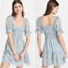 Madewell Lucie Dress Peasant Milkmaid Cottagecore Romantic Blue 100% Silk Sz S