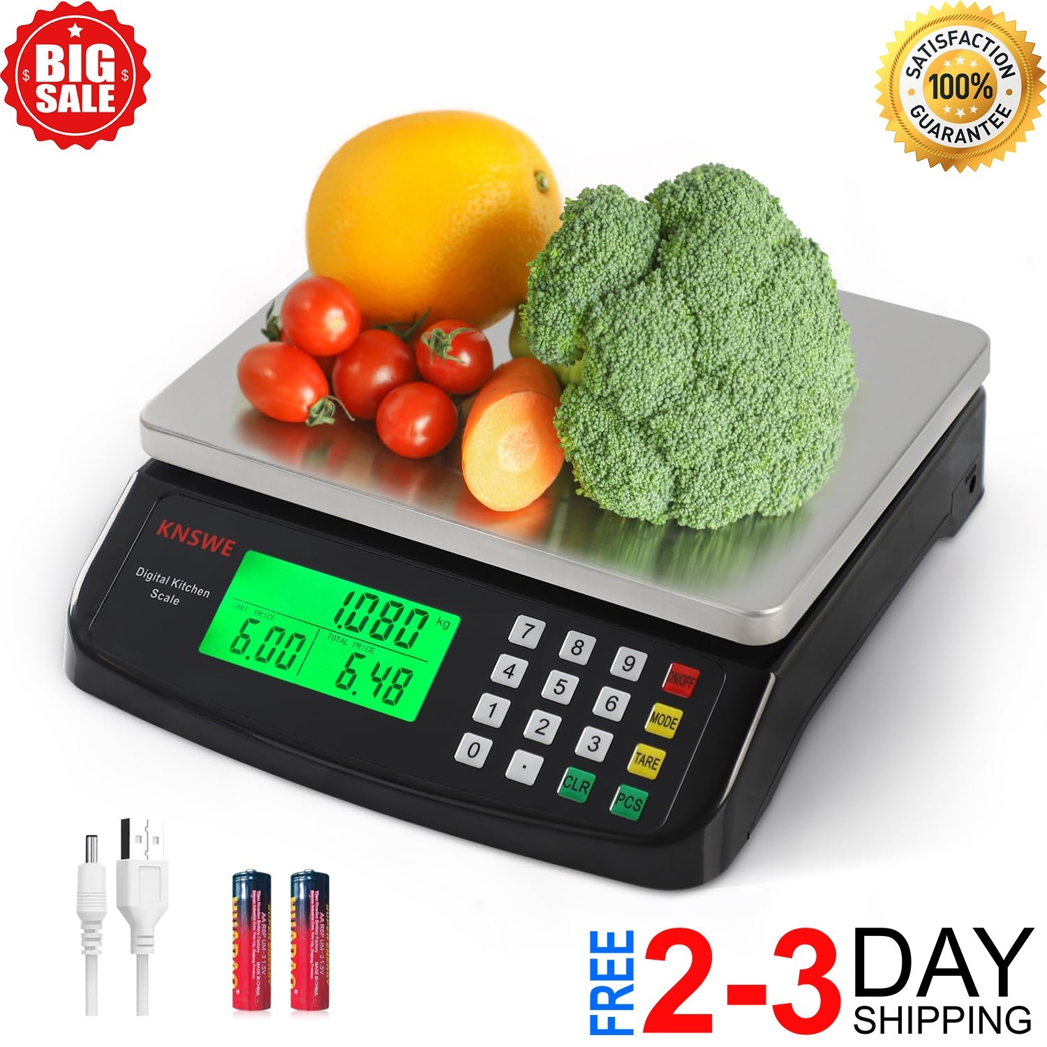 Large Kitchen Scale Black 40KG/88LB Commercial Food Scales Digital Weight for Co