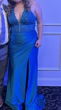 Blue Beaded Sequin Satin Long Formal Dress with Slit, V-Neck, Sleeveless