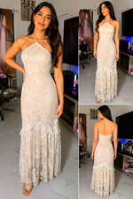 Boohoo XS Beige White Floral Lace Halter Bodycon Maxi Dress Zip Adjustable
