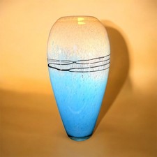 Handblown Art Glass Vase Blue with Black Accent Wrap Around Stringers 14  Tall