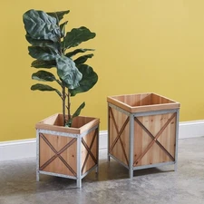 Set Of Two Wood Planter Boxes Copper Finished Stands Home Decorative Collectible