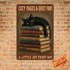 Cat and Books Frameless Wall Decor Vintage Tin Metal Sign Plaque