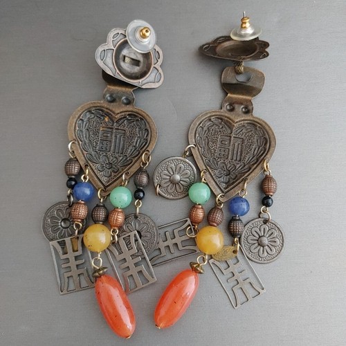 Vintage 4.75" Long Chinese Motif Earrings Statement Acrylic Beads Heart Coins - Picture 9 of 10