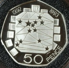 1992 1993 Dual Date EU .925 Silver Proof 50p Fifty Pence Coin