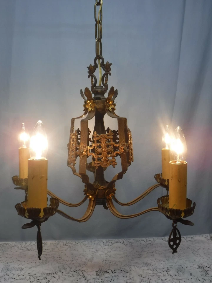 Antique Vintage Gothic Art Nouveau Spanish Rod Iron 5 Light Candle Chandelier - Image 2 of 4