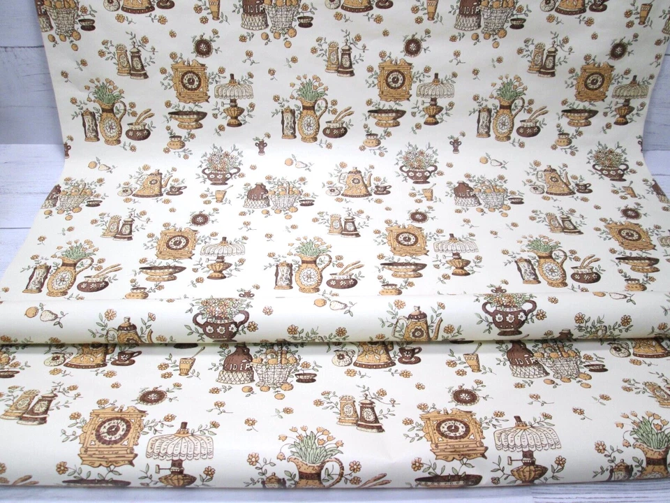 Papel de parede vintage anos 70 cozinha bege marrom frutas margarida flor chá relógio kitsch - Imagem 3 de 4