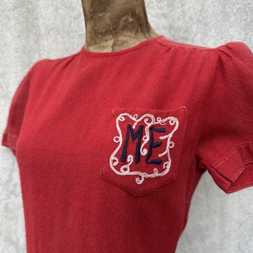 Vintage 1930s 40s Red Blue Wool Color Block Dress Embroidered ME Deco Stitched - Picture 2 of 14