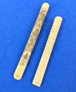 2 Antique Asian Japanese Dragon Carved & Ornate Pagoda Bridges Cigarette Holders