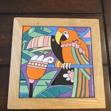 Tiki Barware/Exotic Tropical Colorful Toucan/Parrot Trivet 7 3/4”-Made In Japan