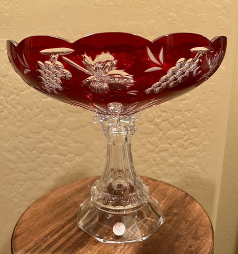 Red Cut To Clear Pedestal Centerpiece Crystal Bowl Hungary Ajka? 11 1/4” Tall - Picture 3 of 9
