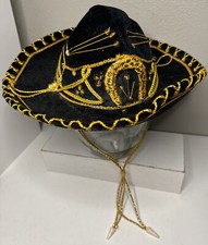 VTG Authentic Mexican Sombrero Mariachi Hat Kids Child Size Black Felt  Gold