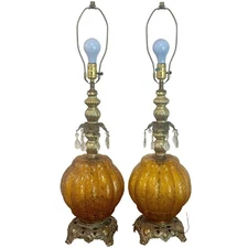Pair of Mid-Century Modern Falkenstein Amber Glass Hollywood Regency Lamps 