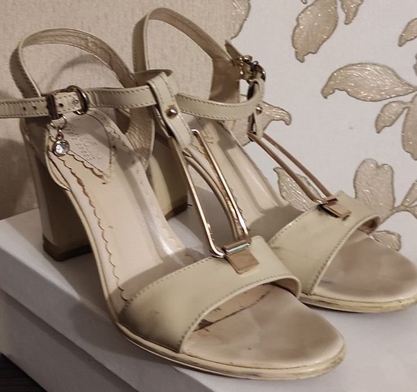 Women Heels Beige Leather 38 #7K7M