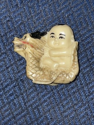 Vintage Netsuke Boy On Dragon Resin Figurine - Japan ~ 2 
