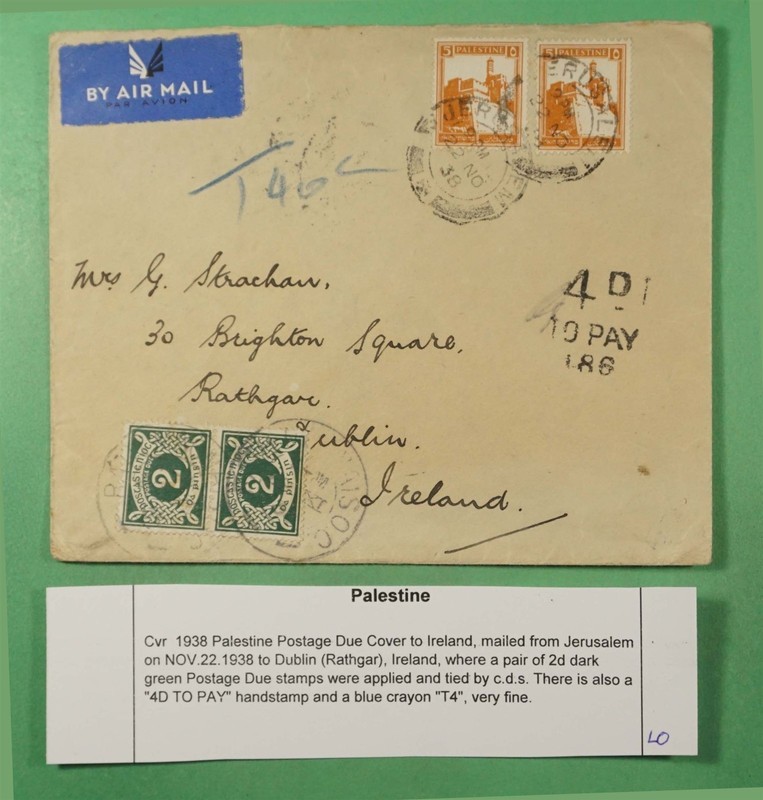 DR WHO 1938 PALESTINE JERUSALEM AIRMAIL POSTAGE DUE TO IRELAND R57863