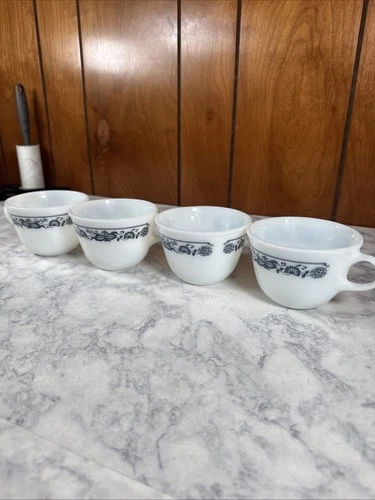 Vintage Pyrex Morning Blue Coffee Tea Cups - Set Of 4 - milk glass Corning Cup