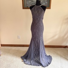 Jump Apparel Lace Sequin Mermaid Gown Womens 3/4 Gray Halter Neck Evening Dress