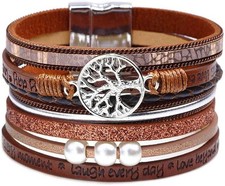 Fesciory Leather Wrap Bracelets for Women, Boho Leopard Multi-Layer Crystal Bead