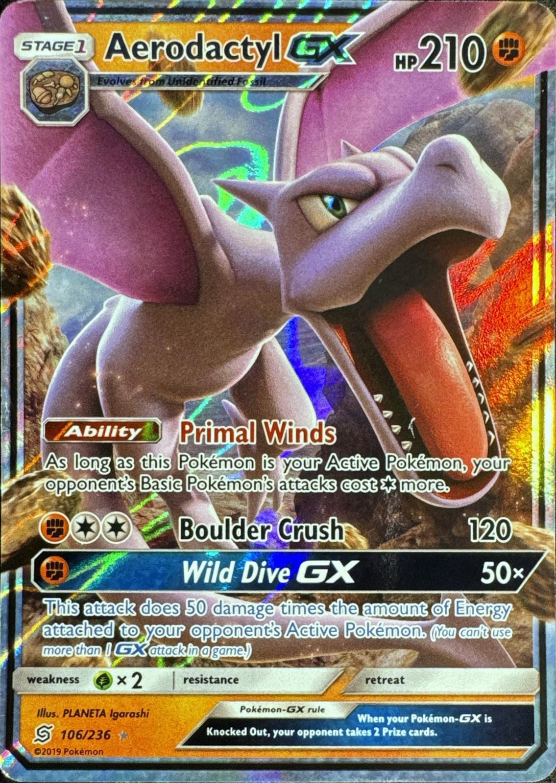 Aerodactyl GX 106/236 Holo GX Rare Unified Minds Pokemon Heavily Played