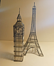 Juego de 2 esculturas de alambre Torre Eiffel e iconos arquitectónicos Big Ben de 12" y 14"
