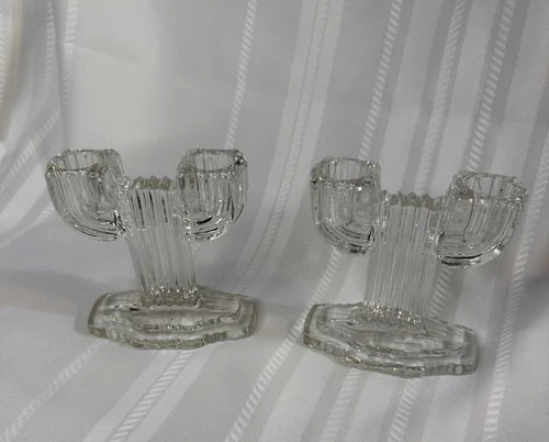 Vintage Anchor Hocking Queen Mary Dual Candlesticks Set 2 1940’s Art Deco EUC