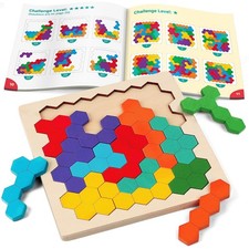 Wooden Tangram Puzzle - Colorful Shape Pattern Jigsaw Brain Teasers, 3D Logic Ga