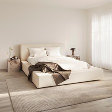 Image of Serenity Double Bed Frame White Clay Cream Weave Low Profile Extra Wide Base